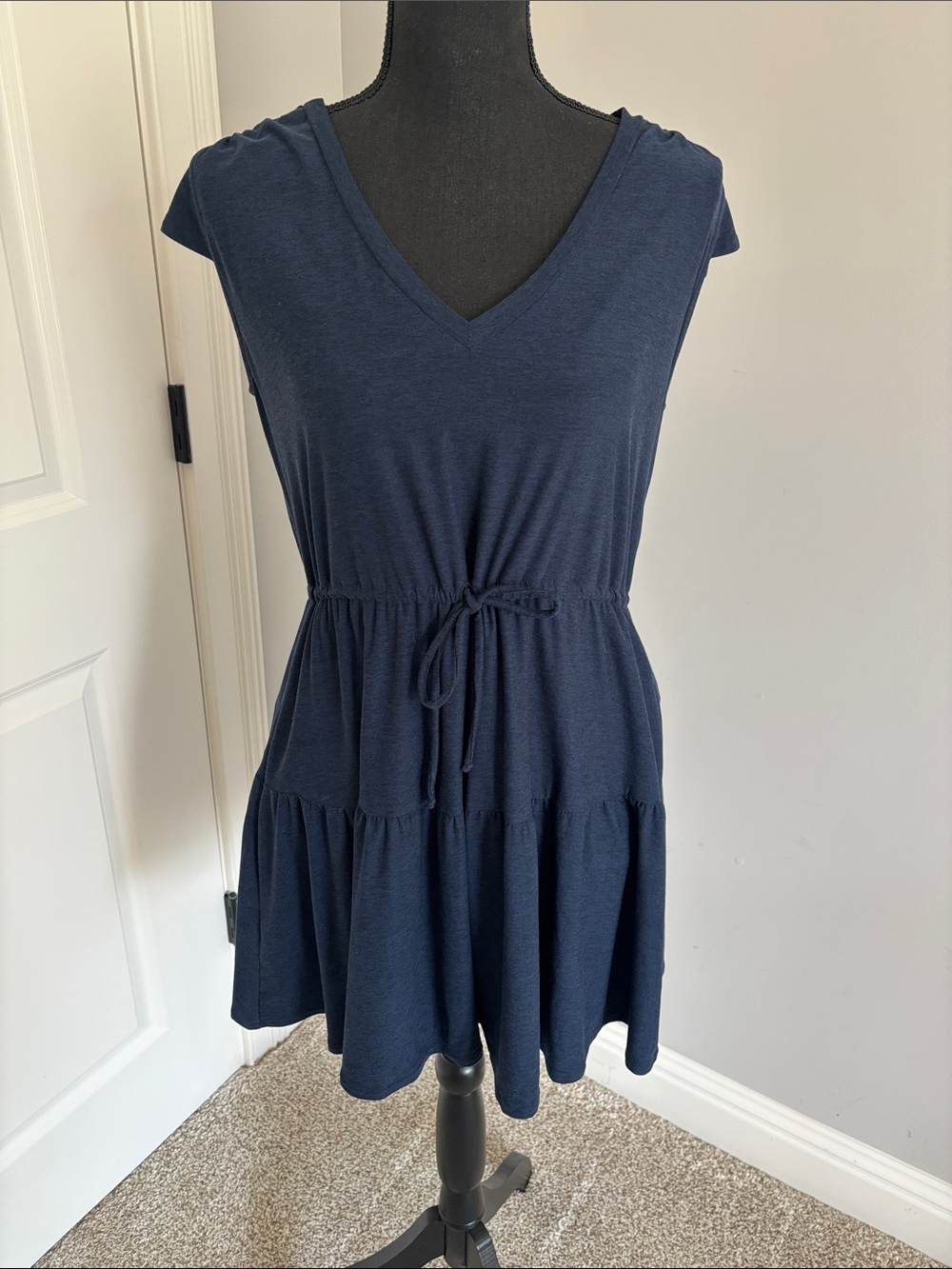 Beyond Yoga Navy V-Neck Tiered Drawstring Waist Dress